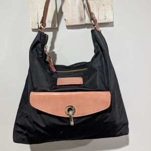 Black Nylon Hobo Bag with Tan Leather Trim